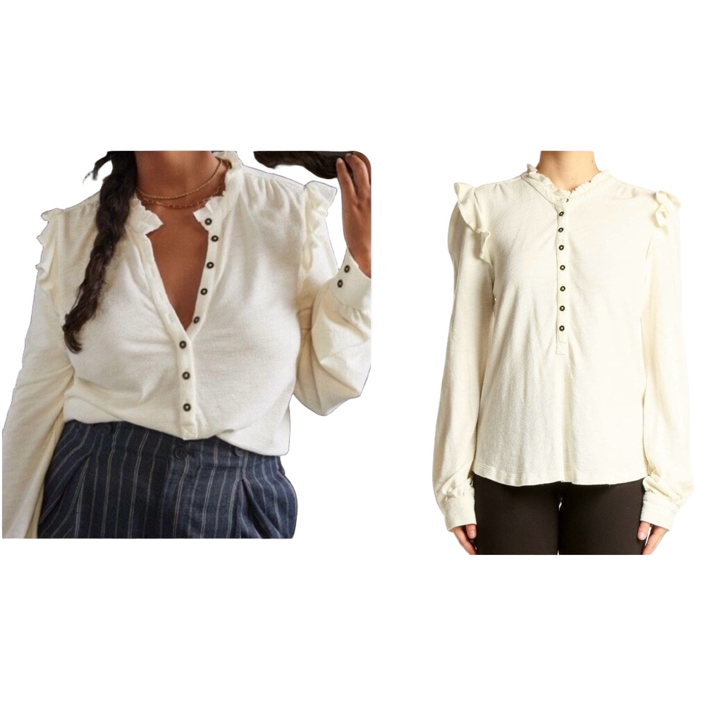 PILCRO Anthropologie Ruffle Henley Ivory Cream Top Cottagecore Modal Cotton - XL